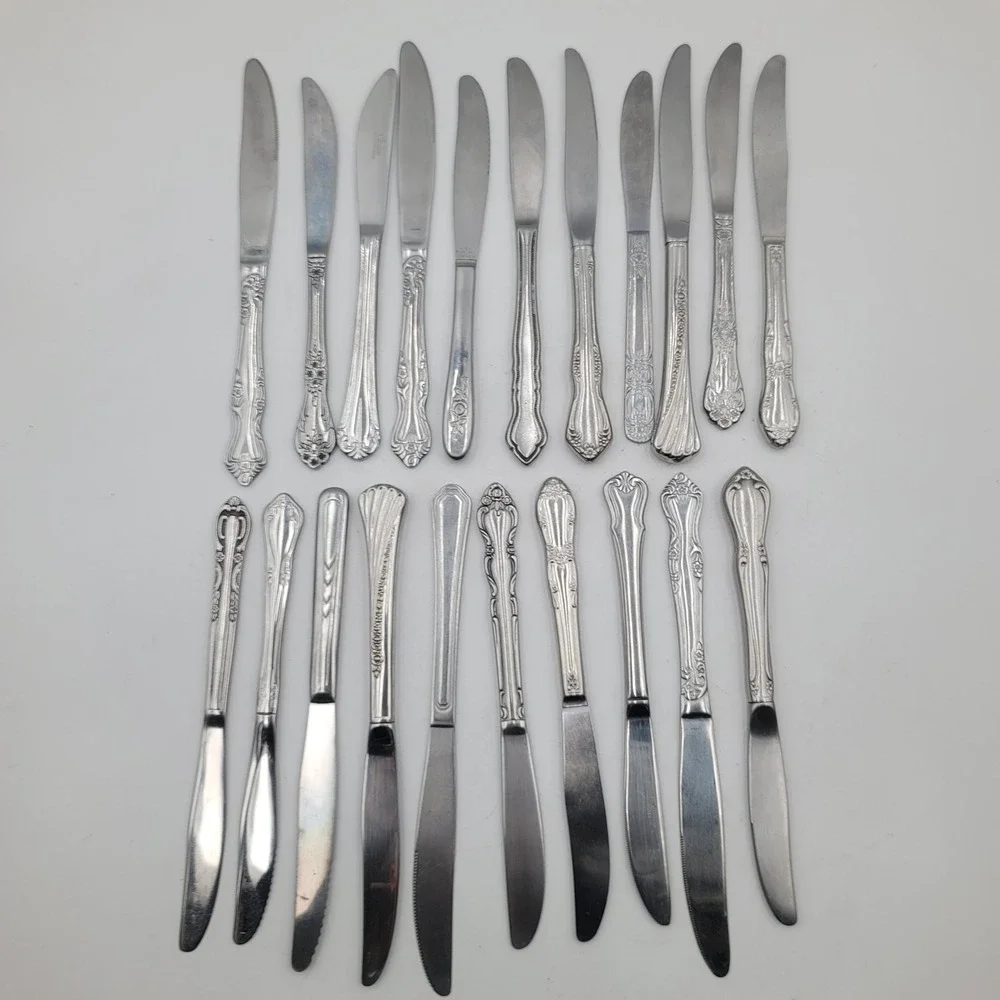 21pc Mixed Lot Floral Stainless Steel Dinner Knives Mismatched Flatware Set